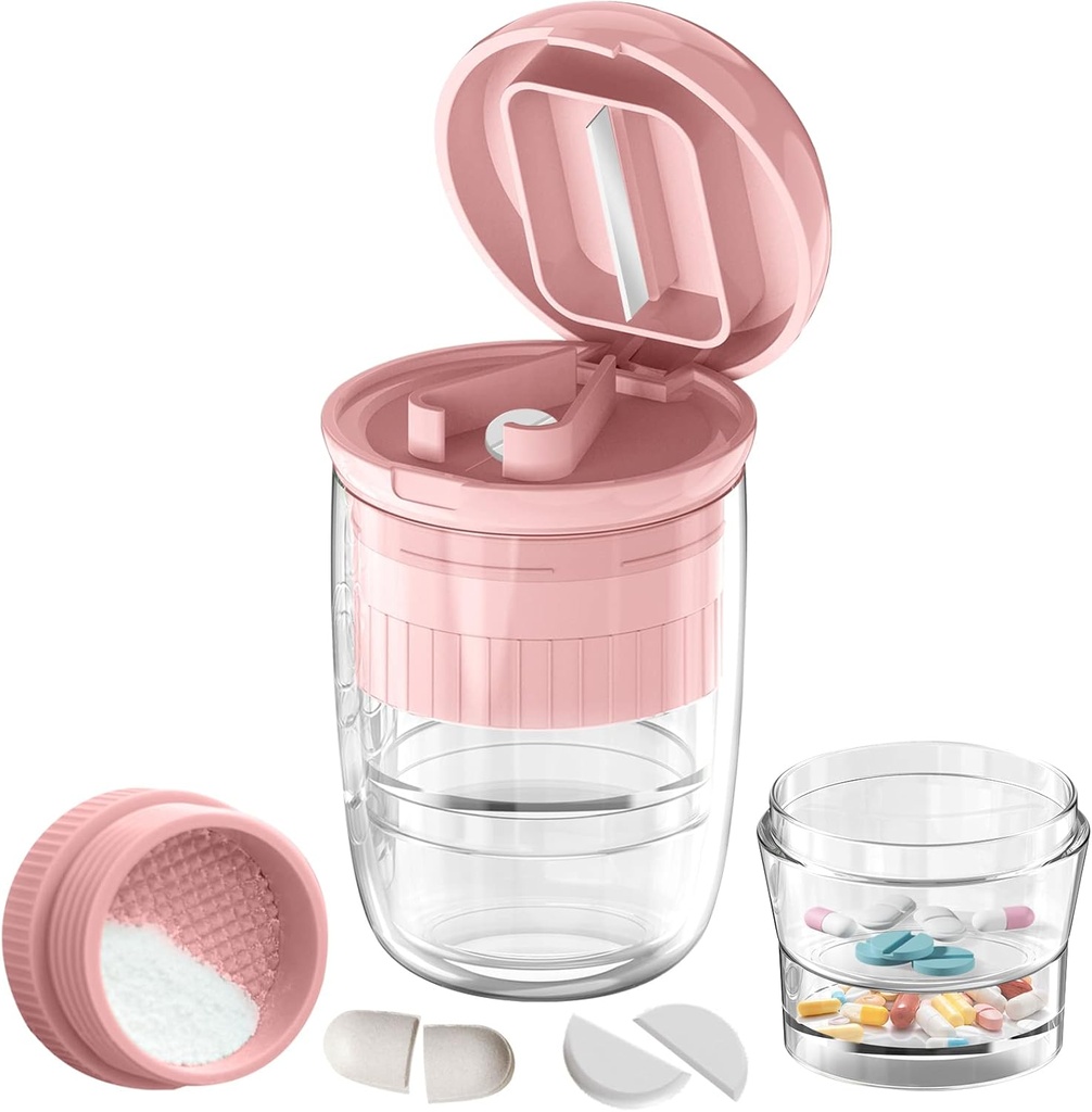 Pigułka Cutter Splitter z dispenser, Pigułka Cutter dla małych lub dużych tabletek, kruszy tabletki, Witaminy, Tablety, Stal nierdzewna Blade, Odkurzalny Puchar Picia (Pink-1)