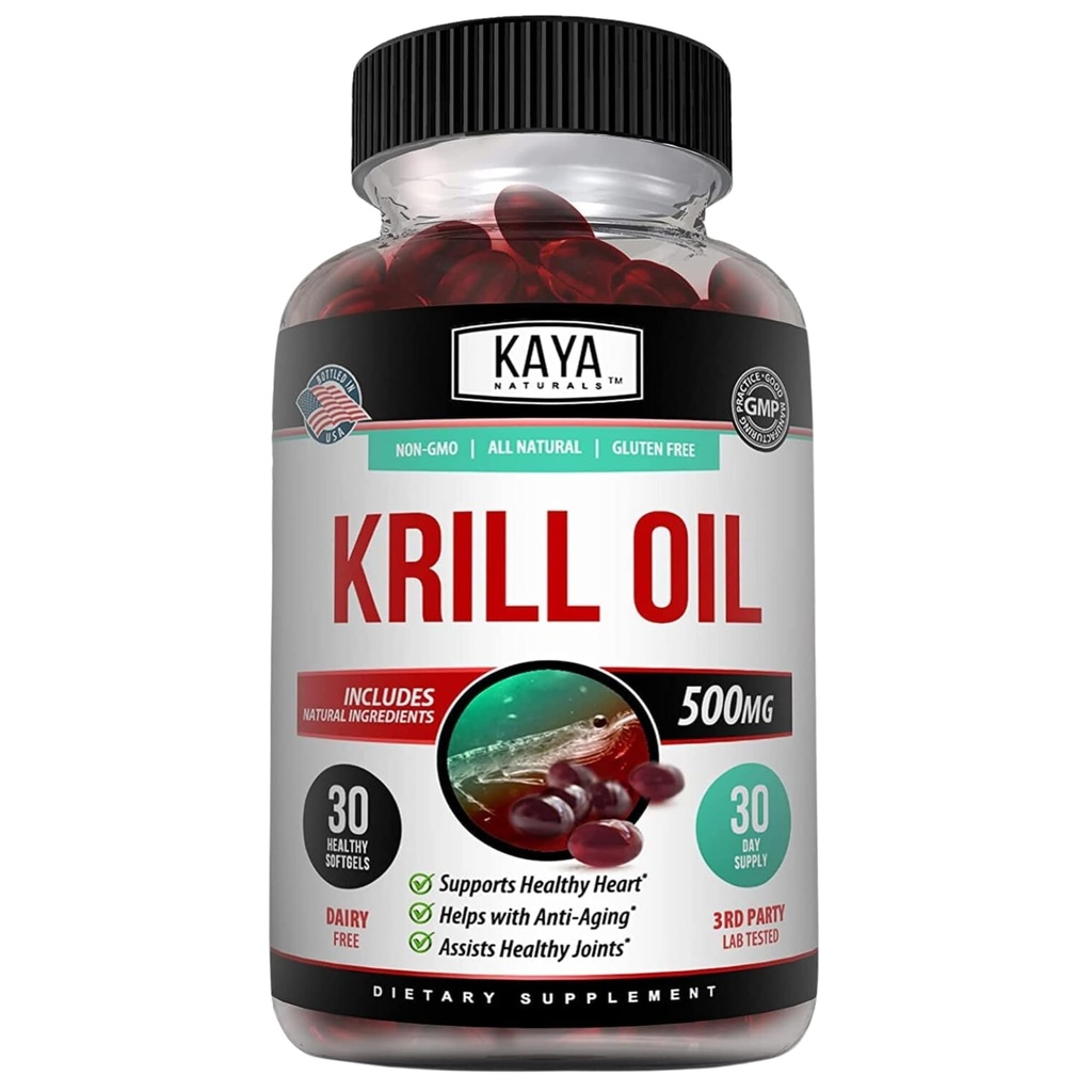 Kaya Naturals - olej kryla antarktycznego 500 mg z Omega 3, EPA, DHA, fosfolipidami i suplementem astaksantyny - Witamina mózgowo-zdrowotna - Suplement przeciw starzeniu - 30 Liczenie softgeli