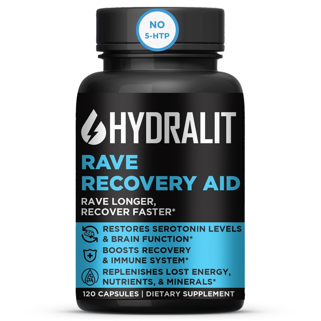 Rave Recovery Aid Vitamins After Party Relief Pills Music Festival Akcesoria Rave Essentials 5- HTP Suplement Elektrolity Hydration Better Mornings Serotonin Energy Hancock 120 Kapsułki