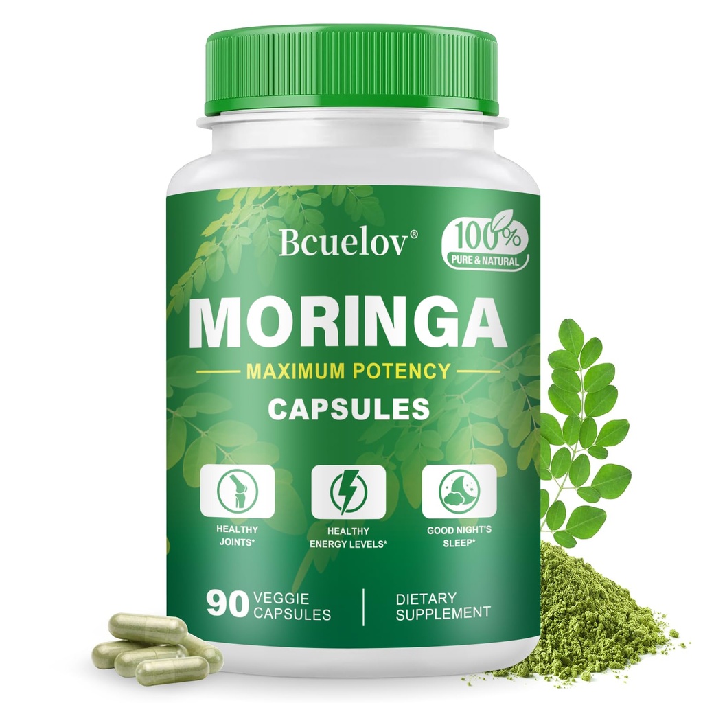 Moringa Kapsułki 124; 800mg Czysty Proszek Moringa Kapsułki - Pomaga Energia, Skóra & Gut Zdrowie, System immunologiczny - Zielona Superfood z witamin i aminokwasów (90 Czapki)
