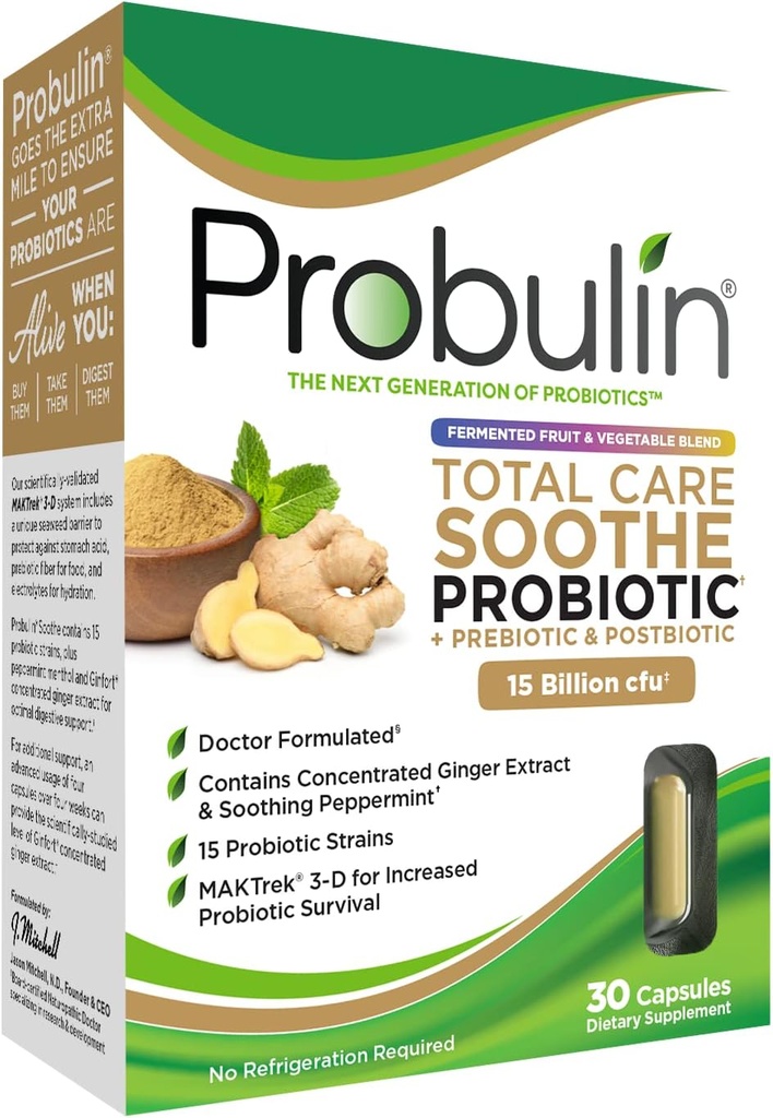 Probulin Total Care Soothe Prebiotic, Probiotic and Postbiotic + Ginger & Mint for Digestive Soothing - 15 Billion CFU - 15 Strains - 30 Vegan kapsułki