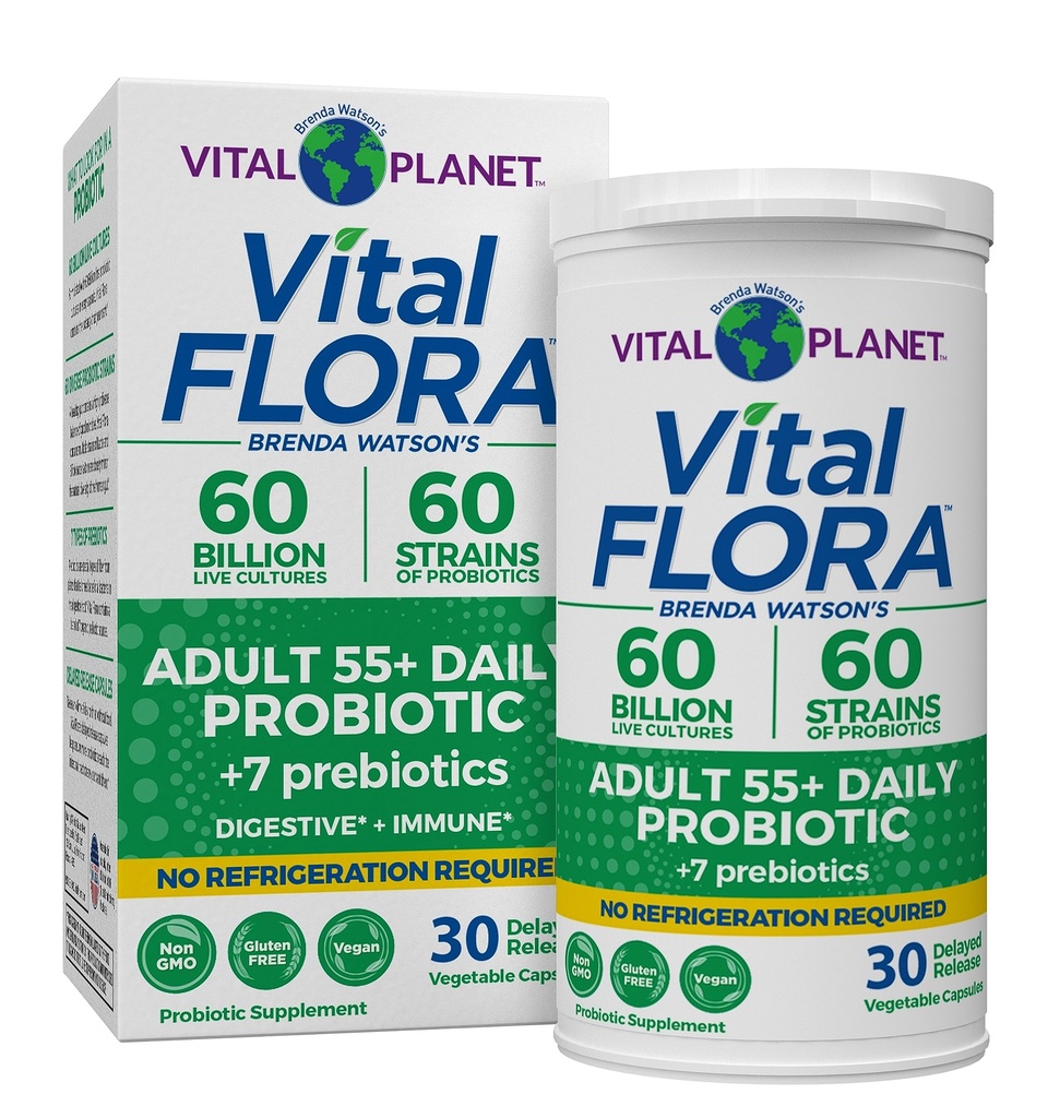 Vital Planet - Vital Flora Dorośli Ponad 55 Codzienne Probiotic 60 Miliard CFU, Różnorodne Szczepy, Organiczne Prebiotyki, Imimmunologiczne i Digestive Health Shelf Stable Probiotyki dla kobiet i mężczyzn, 30 Kapsułki