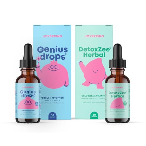 JoySpring Genius Drops & DetoxZee Herbal Bundle 124; Dzieci Witaminy naturalnie Sourced, Non-GMO, Non-Alcoholic Liquid Formuła, Immunitet Zdrowie Wsparcie 124; Wegan & Suplementy wegetariańskie