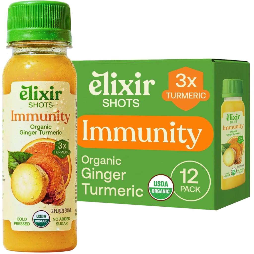 Elixir Shots, Immunitet Boost Wellness Shot z Cold- Pressed Turmeric, Ginger, Orange i Black Pepper, Nie Dodano Cukry lub sztucznych składników, 12-pack
