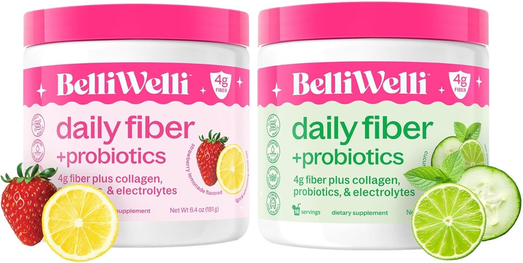 Belli Welli Daily Fiber Supplement Duo - Lemoniada truskawkowa i mięta z limonką - z Collagen, Probiotyki i Electrolytes - Odświeżające smaki dla zrównoważonego wellness - 32 Wszystkich Sług