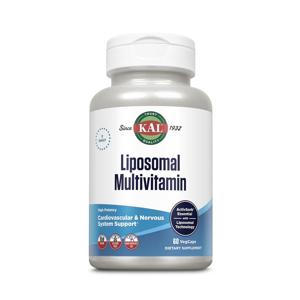 KAL Liposomal Multivitamin - Witamina Liposomalna o dużej mocy C, D-3 i więcej - Mężczyźni i kobiety Multivitamina dla układu sercowo-naczyniowego i nerwowego Wsparcie - 30 Służenie, 60 VegCaps