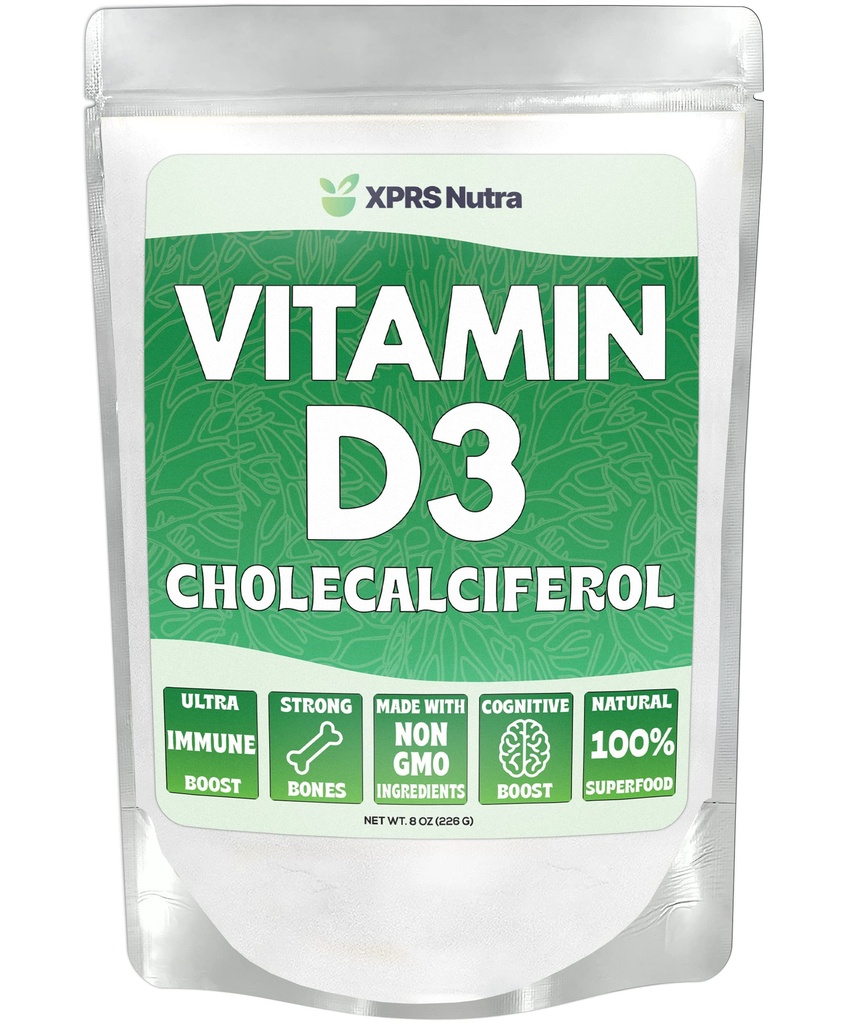 XPRS Nutra Witamina D3 Proszek (Cholekalcyferol) - Nieflawowana VIT D dla kości i odporności - Witamina D3 Proszek do czynności mięśni - Suplementy witaminy D (8 uncji)