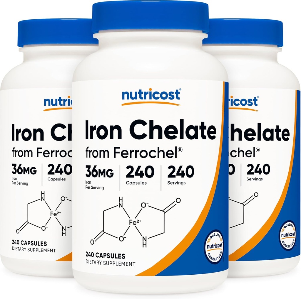 Nutricost Chelated Iron, As Ferrochel, 36mg, 240 kapsułki (3 butelki)