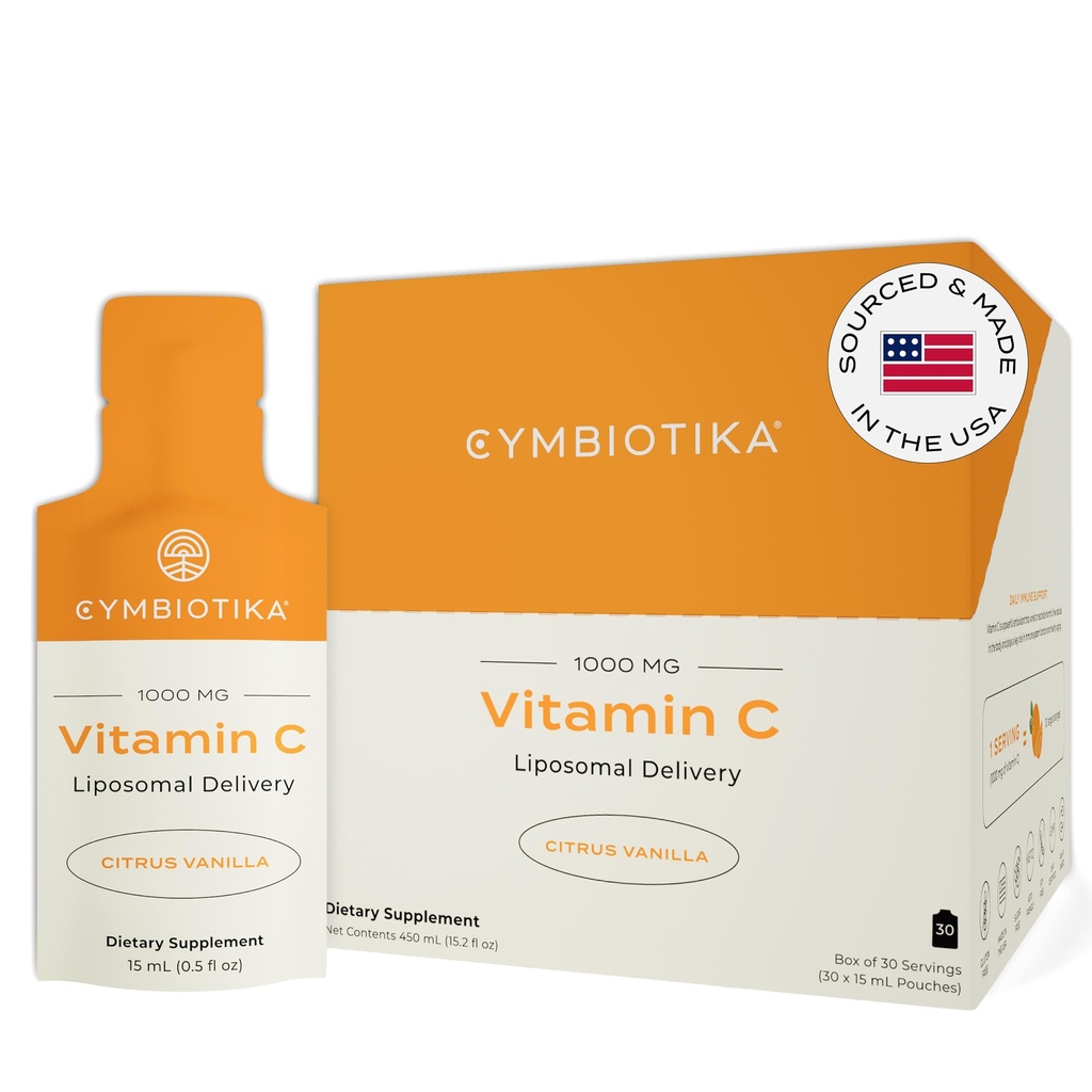 CYMBIOTIKA Witamina C Indywidualne opakowania, Liposomal Dostawa, Suplement do wsparcia immunologicznego, Kolagen Boost, & Zdrowe Starzenie, Pakiety Hydration skóry, Citrus Vanilla Flavor, 30 Hrabia