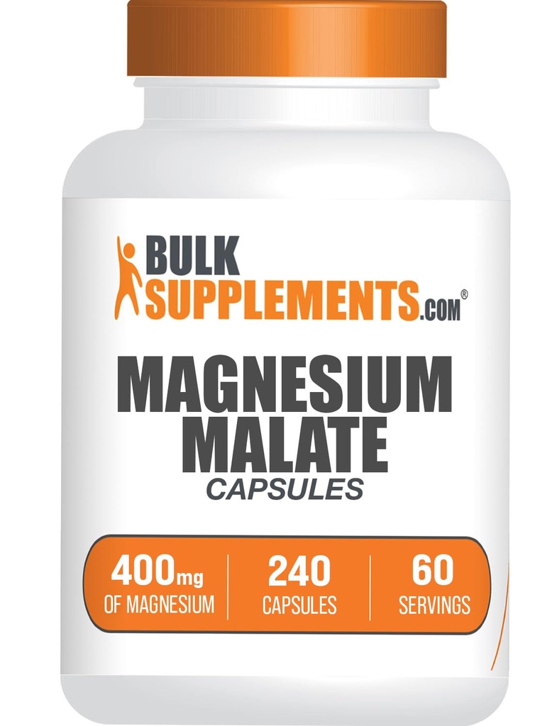BulkSupplements.com Kapsułki Magnezu Malate - Magnezu Suplement, Magnezu Malate 400mg - Esential & gluten Free, 4 Kapsułki na Serving, 240 Ilość (Opakowanie 1)