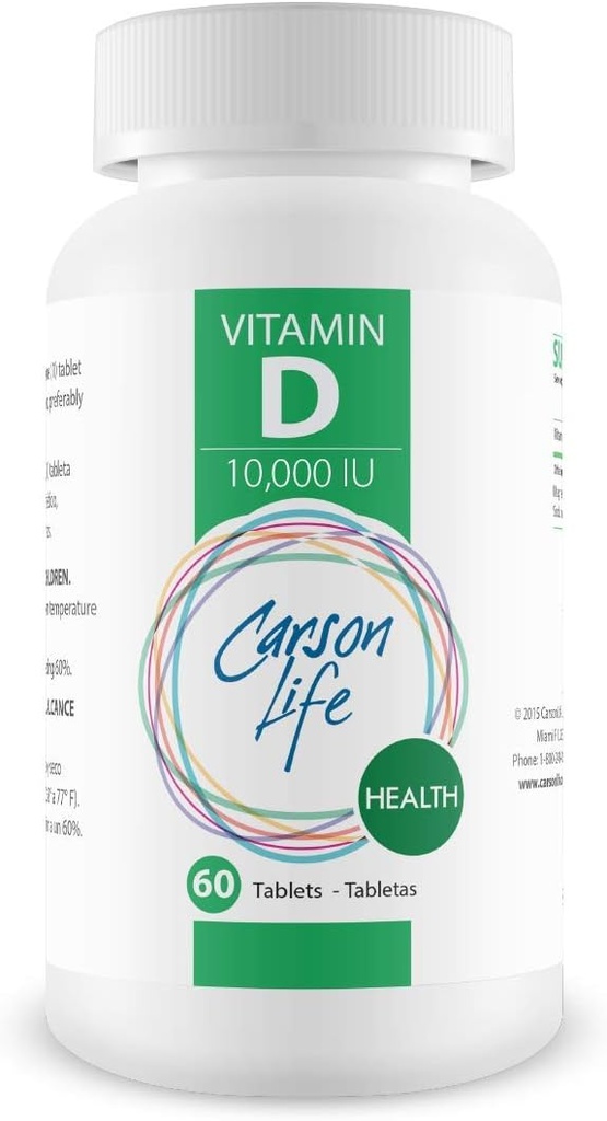 CARSON LIFE Witamina D 10 000 j.m. Tabletki - Doskonały suplement do niedoboru witaminy D - Pomaga wzmocnić kości, zębów i układu immunologicznego - 60 Tabletki - Made in USA
