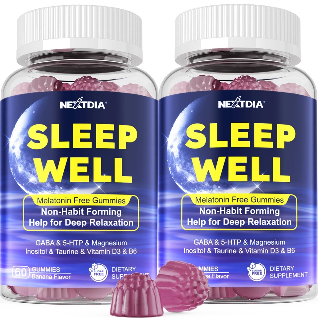 Melatonina Gummeje bezsenne z Magnezu Glycinate, GABA, 5- HTP, L- Theanine, Valerian, Rumianek, Balsam cytrynowy, Witamina D3 & B6 - Hormon & Drug Free, Non-Habit Forming, 2 Pack