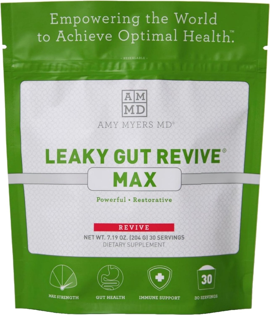 Amy Myers MD Leaky Gut Revive MAX Proszek do Leaky Gut naprawy "Potencjalne L- glutaminy proszek do wspomagania zaparcia, IBS, Biegunka, wzdęcia, Gaz, SIBO" Roślina na bazie suplement do Gut zdrowia, 1 miesiąc