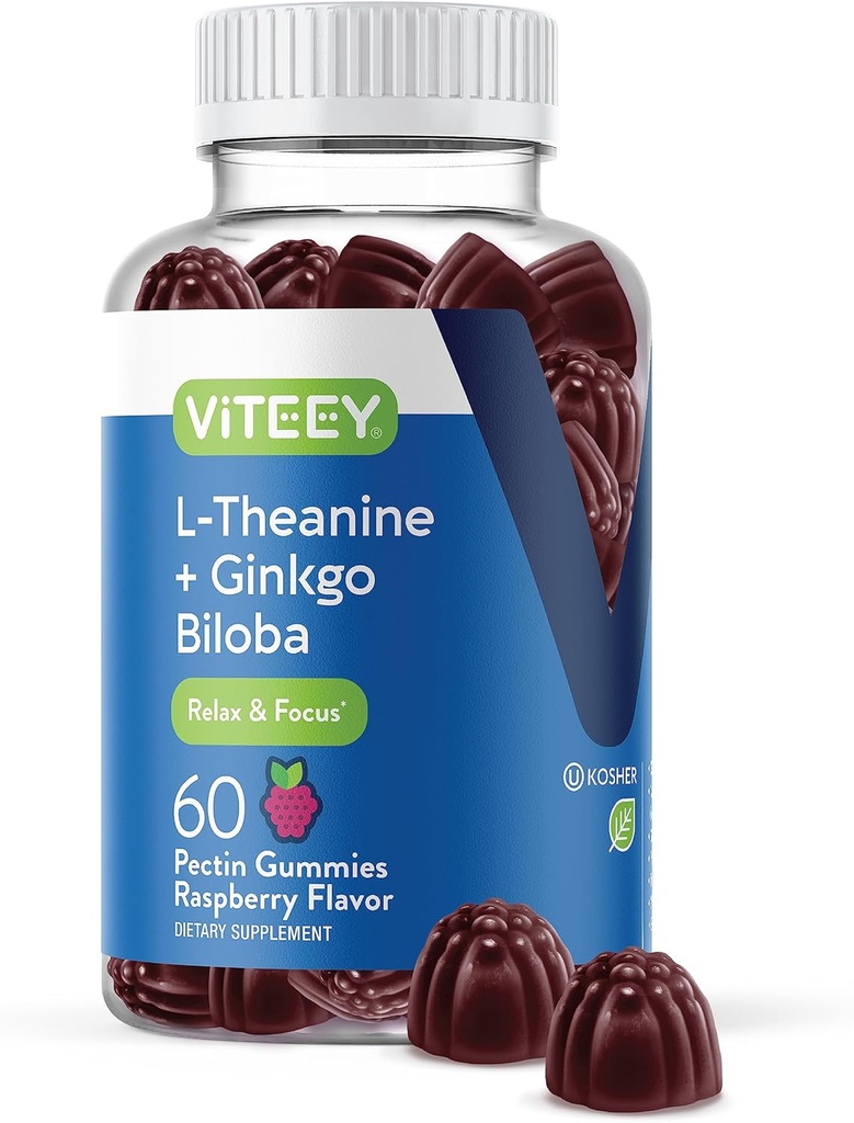 Viteey L- Theanine Gummies z Ginkgo Biloba dla dorosłych - Pomoc w Focus & Relax, Poprawa nastroju - Nie GMO, Żelatyna Free, Wegan, Gluten Free, Natural Sourced Cheable Smaczne Malina Gummy