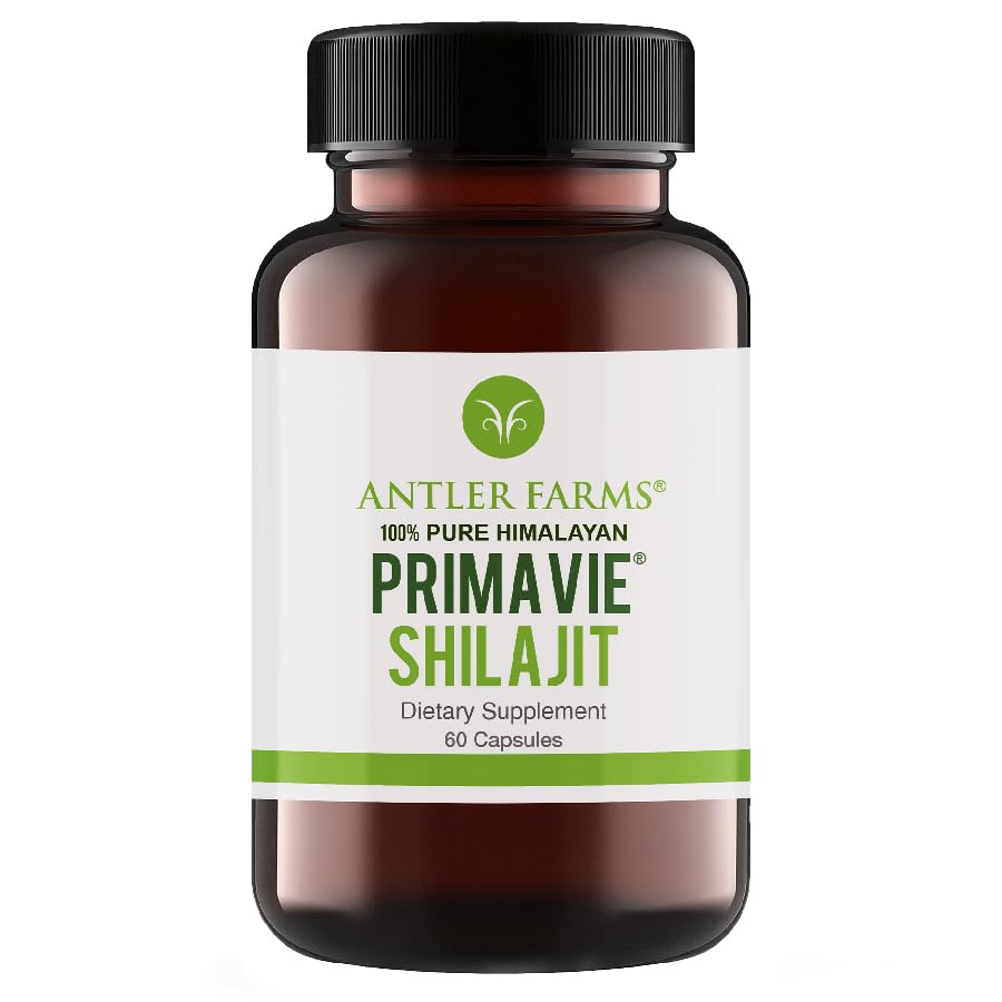 Antler Farms - 100% Pure PrimaVie Shilajit for Men Extract, 60 Kapsułek, 250mg - Standaryzowane do 50% Kwas Fulvic, Wild Harfered Resin from The Himalayas, Potężny suplement adaptacyjny