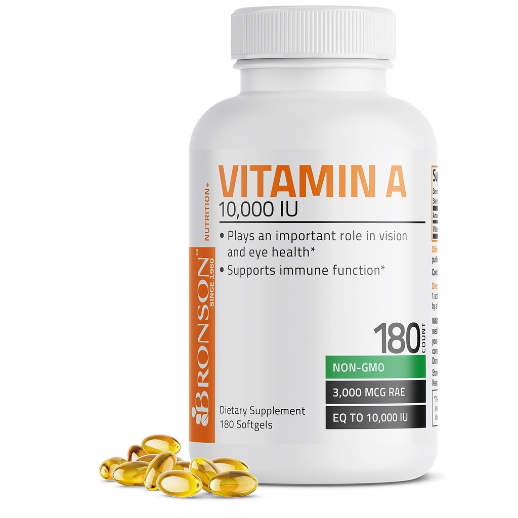 Witamina Bronson A 10 000 IU Premium Non-GMO Formuła wspiera zdrowe widzenie i system immunologiczny oraz zdrowy wzrost i powielanie, 180 Softgels