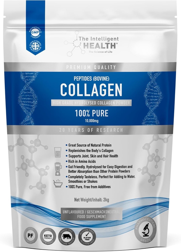 Intelligent Health Zhydrolizowany proszek do peptydów, pasza trawiasta, wysokobiałkowe, nienasycone, wolne od glutenu, Paleo & Keto Friendly, 10 g na serwowanie (2 kg) Wspiera skórę, włosy, paznokcie, łączniki, i kości