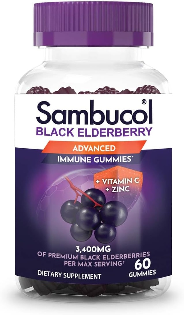Sambucol Czarne żeberka - Jeżyna z cynkiem i witaminą C dla dorosłych, Sambucus Gummies, Wsparcie immunologiczne - 60