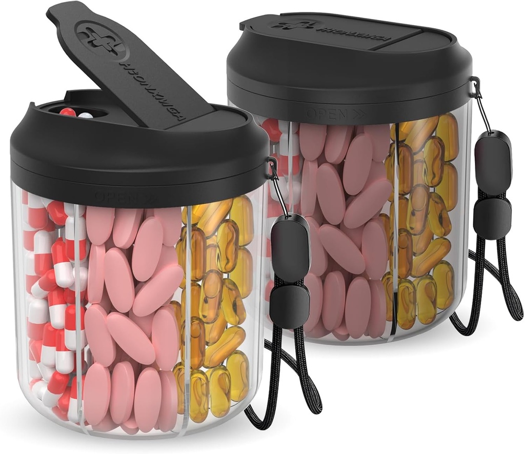 Dozownik z 7 dużych komnat, Pill Bottle Organizer for Travel, Supplement Organizer z antymieszania projektu, BPA- Bezpłatny pojemnik z 20 etykiet szt., czarny 2szt.