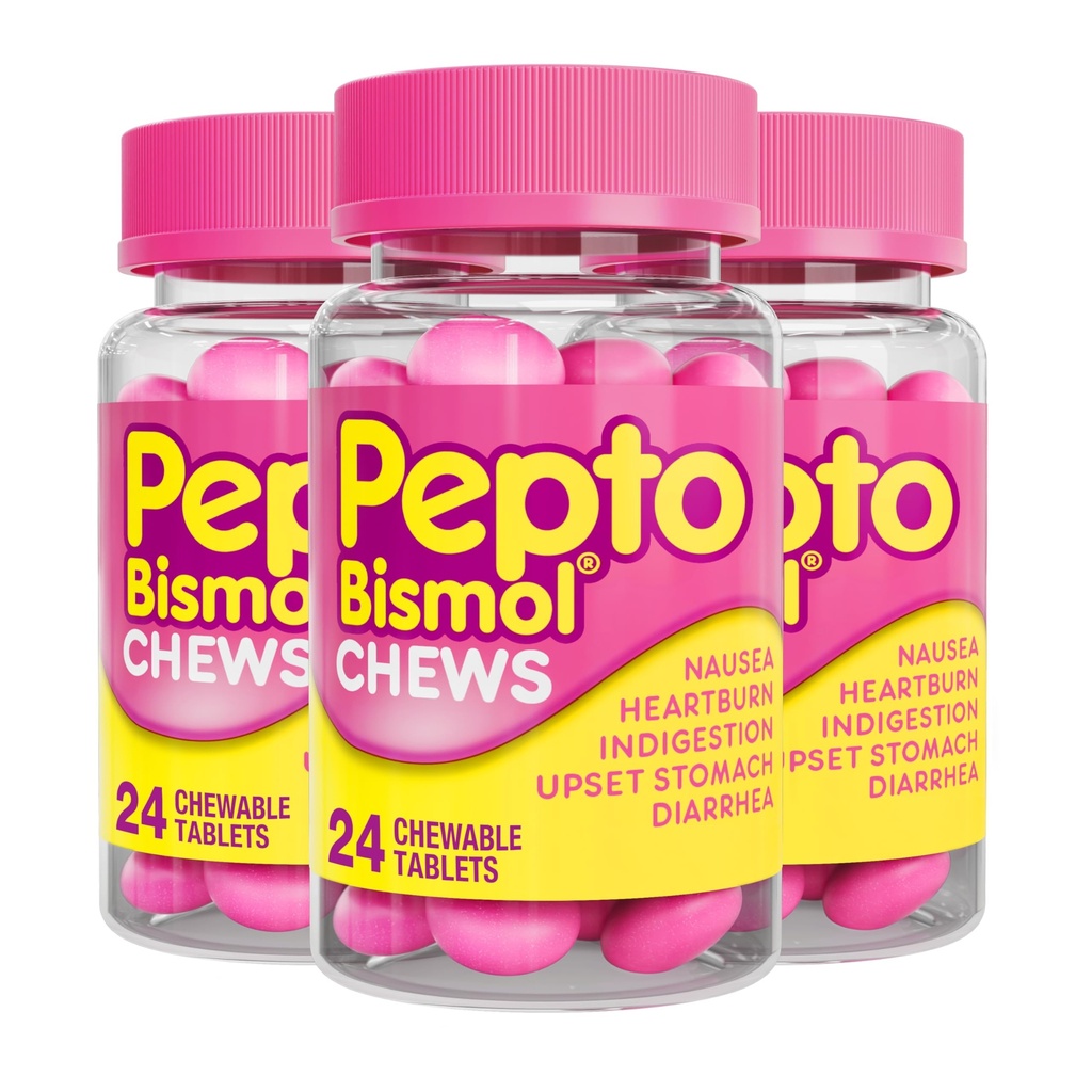 Pepto Bismol Chews, Szybka i skuteczna dietetyczna ulga od Nudności, Heartburn, Niestrawność, Zdenerwowany żołądek, Biegunka, 72 Razem (3 opakowania po 24)