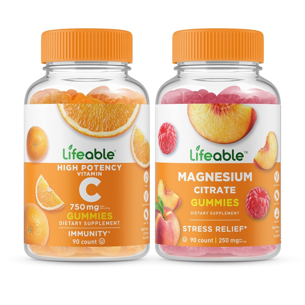 Żywa witamina C 750mg + Magnez 85mg, Gummies Bundle - Great Desting, Suplement witaminy, Gluten Free, GMO Free, Gummy do żucia
