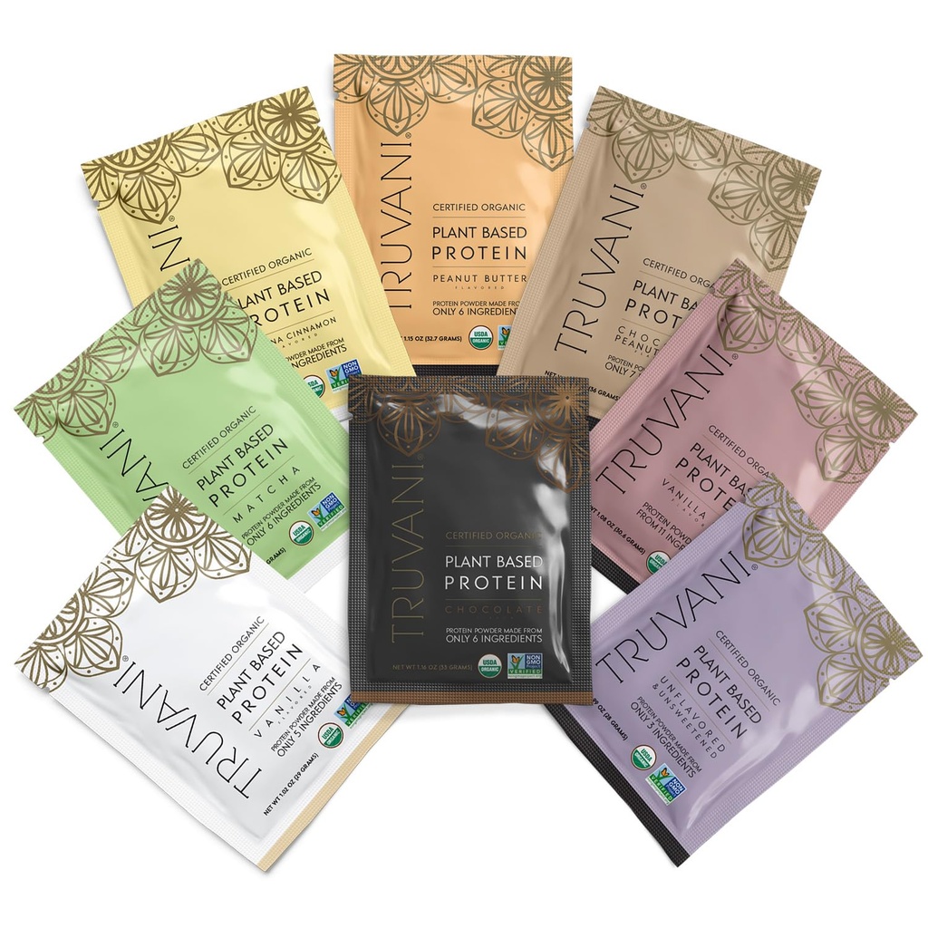 Truvani Vegan Pea Protein Powder | Sample Pack | 20g Organic Plant Based Protein | 8 Single Serving Packets | Keto | Gluten & Dairy Free | Low Carb | No Added Sugar