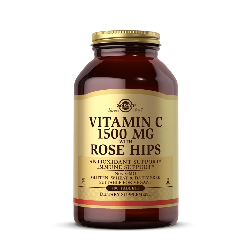 Solgar Witamina C 1500 mg z Rose Hips, 180 tabletek - Przeciwutleniacz i wsparcie immunologiczne - Ogólne zdrowie - Wspiera zdrową skórę i połączenia - Nie GMO, Wegan, Gluten Free, Beztłuszczowy, Koszerna - 180 Sługi