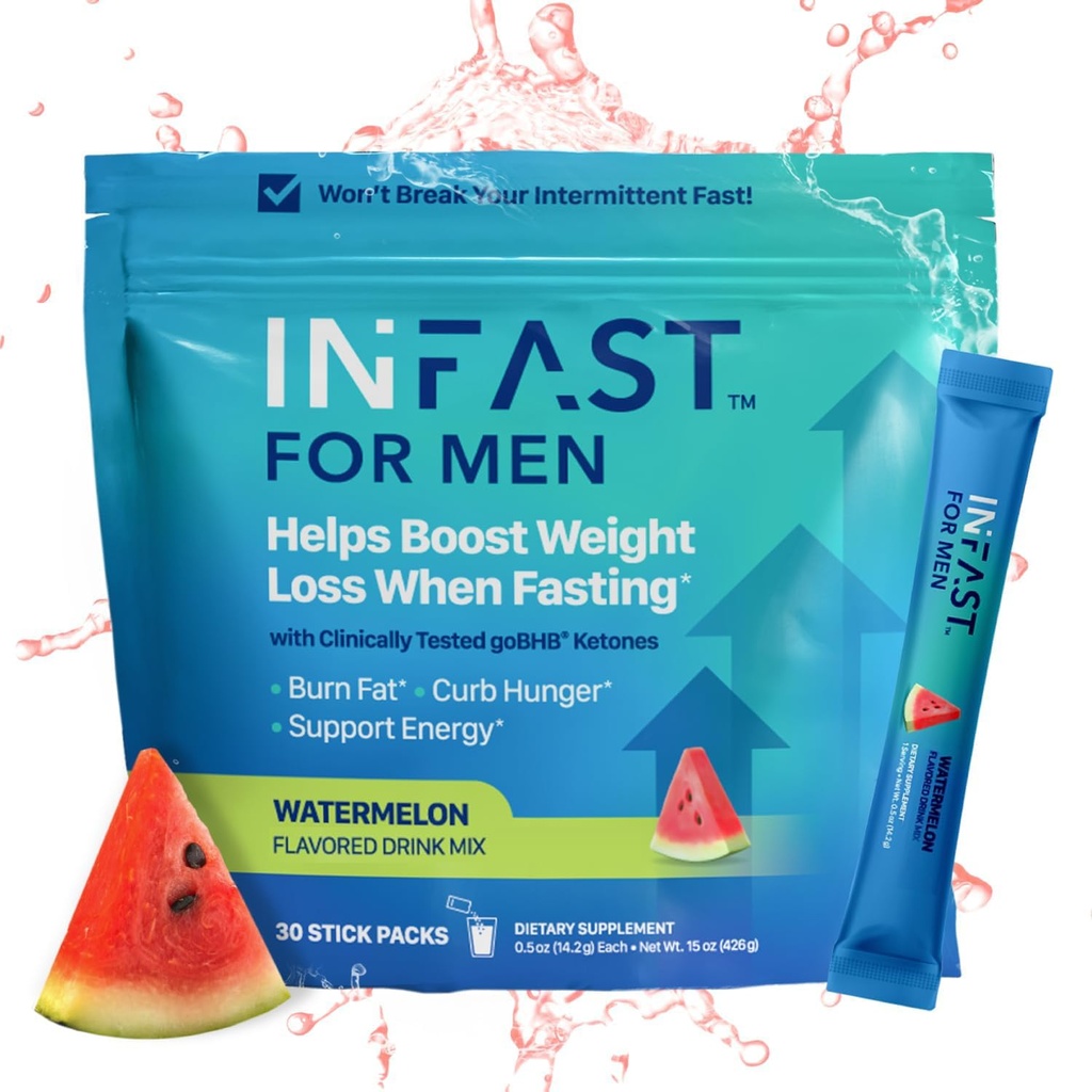 Real Ketones Intermittent Fasting Drink Mix for Men BHB Exogenous Ketones Powder with Fasting Electrolytes & Green Coffee Bean Extract for Sustainable Hydration Energy and Focus (Watermelon) - 30ct