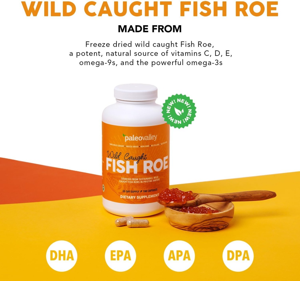 Paleovalley Wild Caught Fish Roe - DHA / EPA, Full Spectrum Omega -3 Kwasy tłuszczowe - Zapalenie, Wizja, Nastrój, Immunitet Boost - 28 Służenia