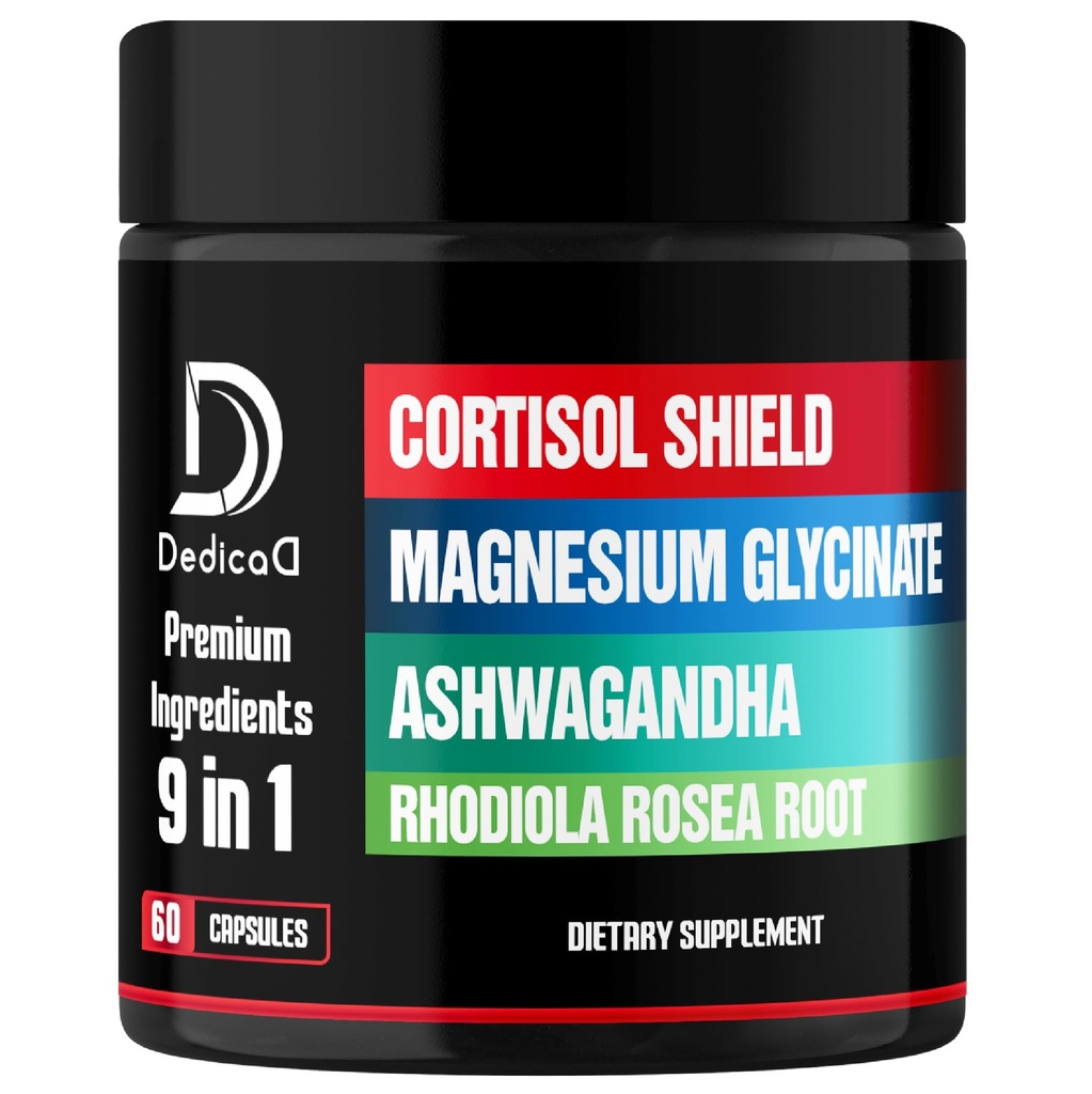 9in1 Tarcza Cortisol - Magnezu Glycinate & Ashwagandha z Rhodiola, Fosfatydylseryna, Kwiat Pasji, L- Theanina, Apigenin, Licorice, Magnolia - Odpoczynek Well & Mood Balance - 60