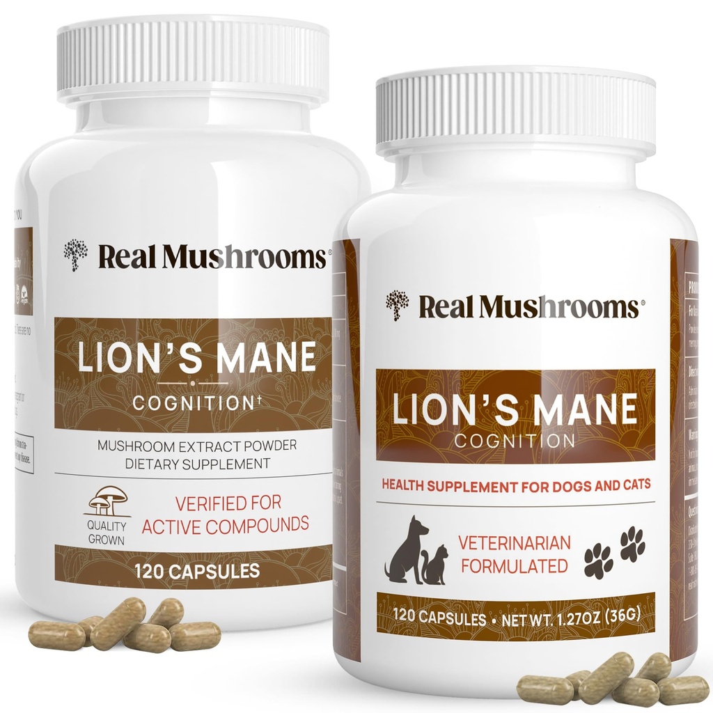 Prawdziwe grzyby Lons Mane for People (120ct) i zwierzęta domowe (120ct) - Bundle for Cognition & Immunity - Vegan, Non-GMO, Gluten- Free, Grain-Free Mushroom Extract Suplements