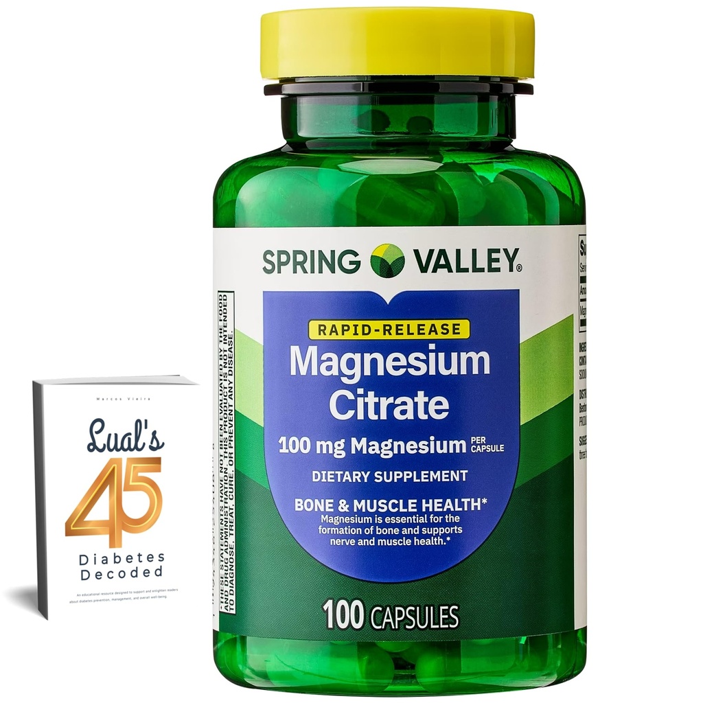 Wiosenna Dolina Magnezu Cytrynian 124; Citrato de Magnesio 1000mg Kapsułki 124; Najlepszy suplement magnezu dla kobiet 124; Magnezu Pill 124; 100 mg, 100 Kapsułek Bundle z Lual 45 Cukrzyca Decoded
