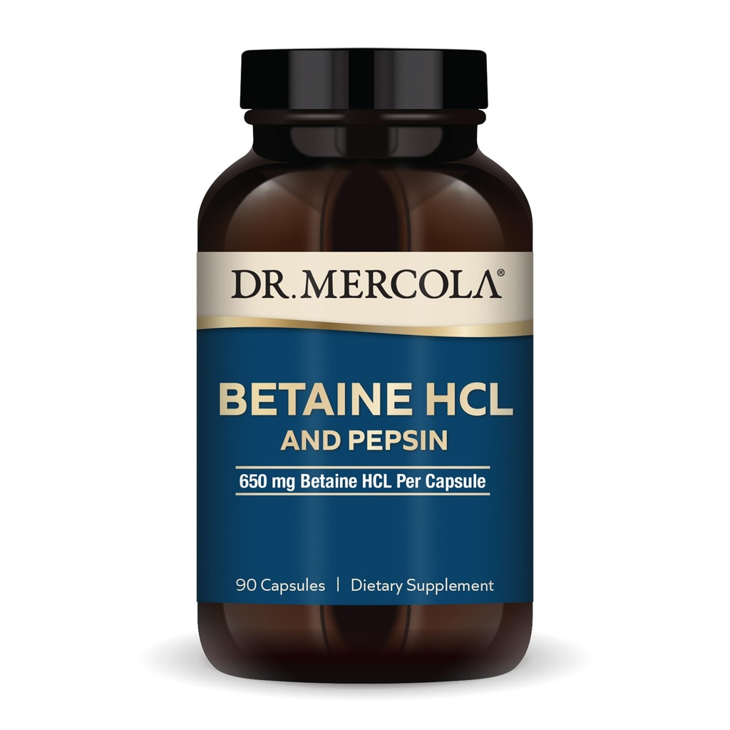 Dr Mercola Betaine HCL & Pepsyna - Suplement do wsparcia trawiennego dla równowagi pH - Pomoc Mineralna i odżywcza Wchłanianie - Pomoc trawienna - Nie-GMO, Gluten- Free & Soy- 90 Kapsułki (30 Servings)
