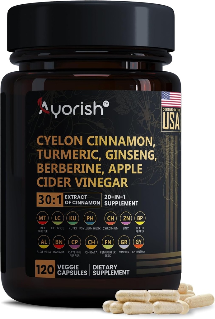 Ceylon Cynamon kapsułki 30: 1 Wyciąg Równoważny do 9000mg kapsułki 124; Turmeric, Ginseng, Apple Cider Vinegar Berberine Plus Bitter Melon Gymnema, Kutki, Chirata 120 Kapsułki Veg - 60 Days Supply