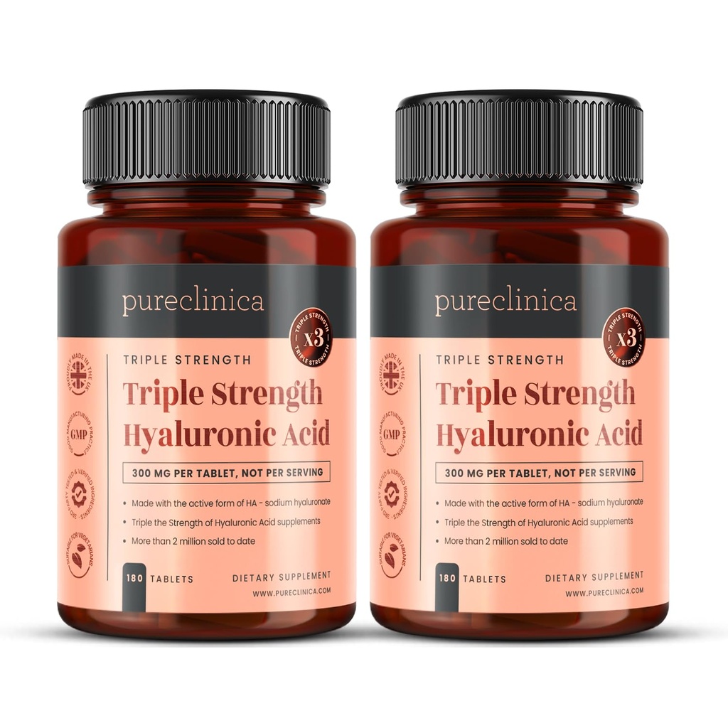 pureclinica Kwas hialuronowy 300mg x 360 tabletek (2 butelki z 180- 12 Miesiące dostaw). Potrójny kwas hialuronowy. 300% silniejsza niż jakakolwiek inna tabletka HLA.