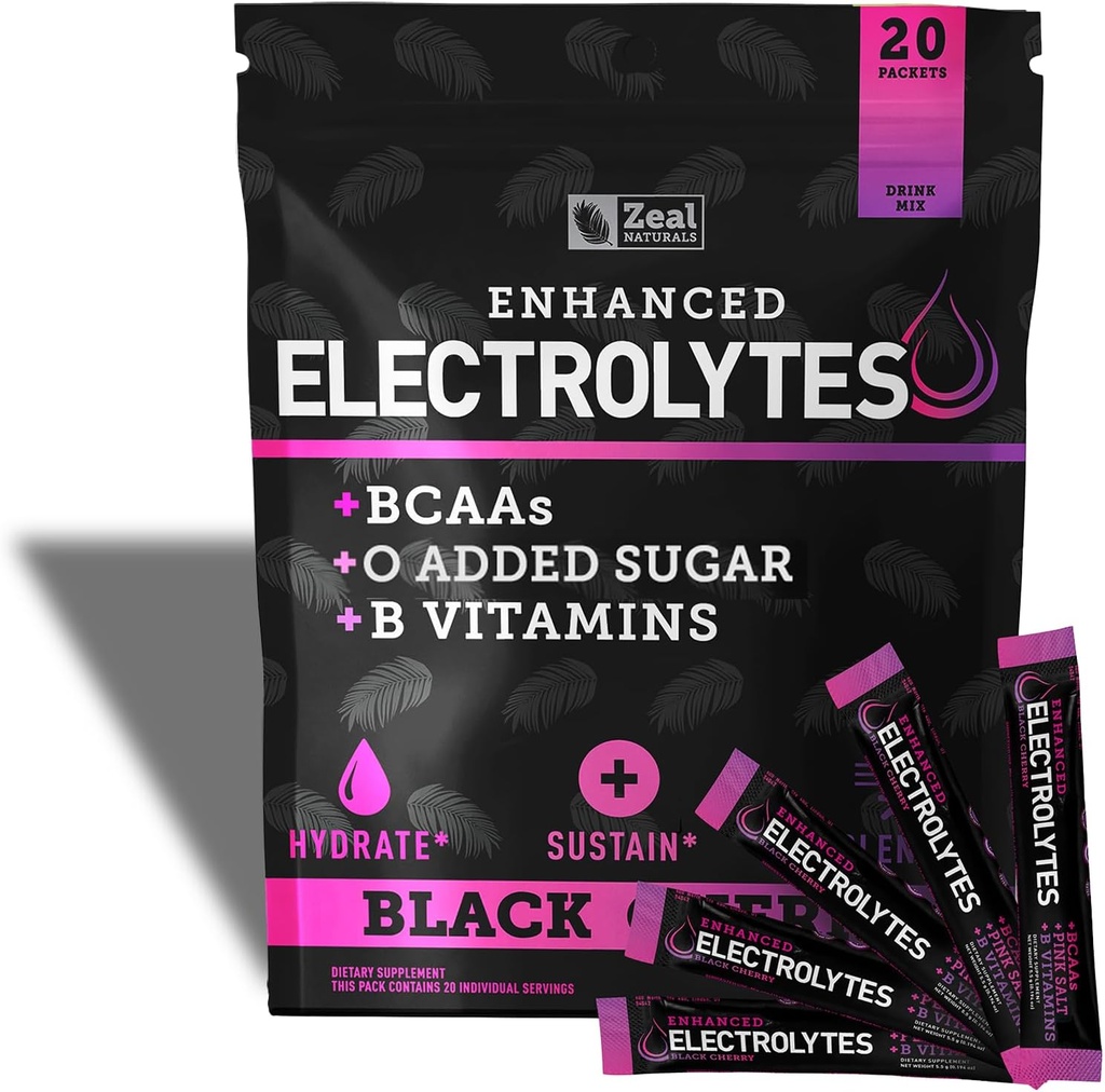 Wzmocnione opakowania proszkowe elektrolitów (Black Cherry Netherlands 124; 20 opakowań) w / 0 Cukier + BCAAs + B- Vitaminy Suplement elektrolitu w cynku potasu i magnezu do nawadniania - Keto Electrolytes
