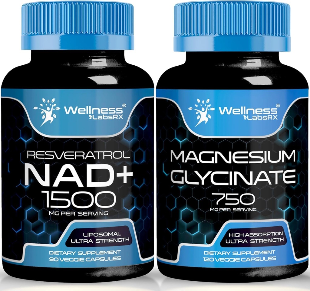 Magnezu Glicynian Kapsułki - 750mg - Magnezu Suplement Wysoka Absorpcja Suplement NAD Suplement, 1500mg - Liposomal NAD + Suplement z Resveratrol