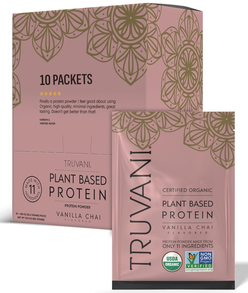 Proszek Truvani Vegan Pea Protein 124; Vanilla Chai 124; 20g Organic Plant Based Protein 124; Pojedyncze serving Travel Pakiety Bilans 124; 10 Służenia 124; Keto 124; Gluten & Dairy Free 124; Niskie węglowodany 124; Nie Dodano cukru