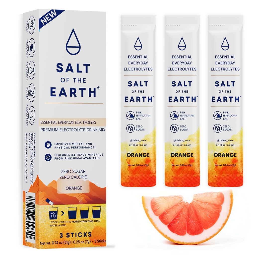 Sól Ziemi Premium Zero- Sugar Electrolyte - Made with Pink Himalayan Salt - Hydration Powder Pakietów 124; Składniki Premium 124; Keto & Paleo Friendly 124; 3 Sticks, Pomarańcza