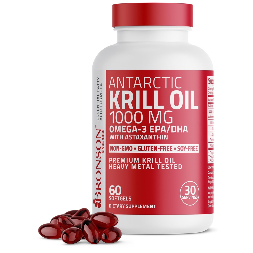 Bronson Antarctic Krill Oil 1000 mg z Omega- 3 EPA, DHA, Astaksantyną i fosfolipidami 60 Softgels