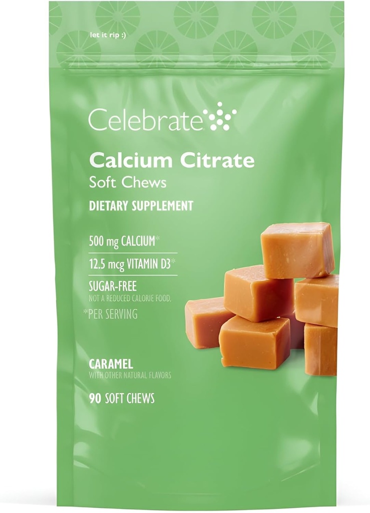 Świętuj Witaminy Bariatryczne 500 mg Wapnia Citrate Soft Chews z 500 IU Witamina D3 - Zasadnicze dla pacjentów z obejściem żołądka i kości Zdrowie - Cukier & Gluten Free, Karmel (90 Chews)