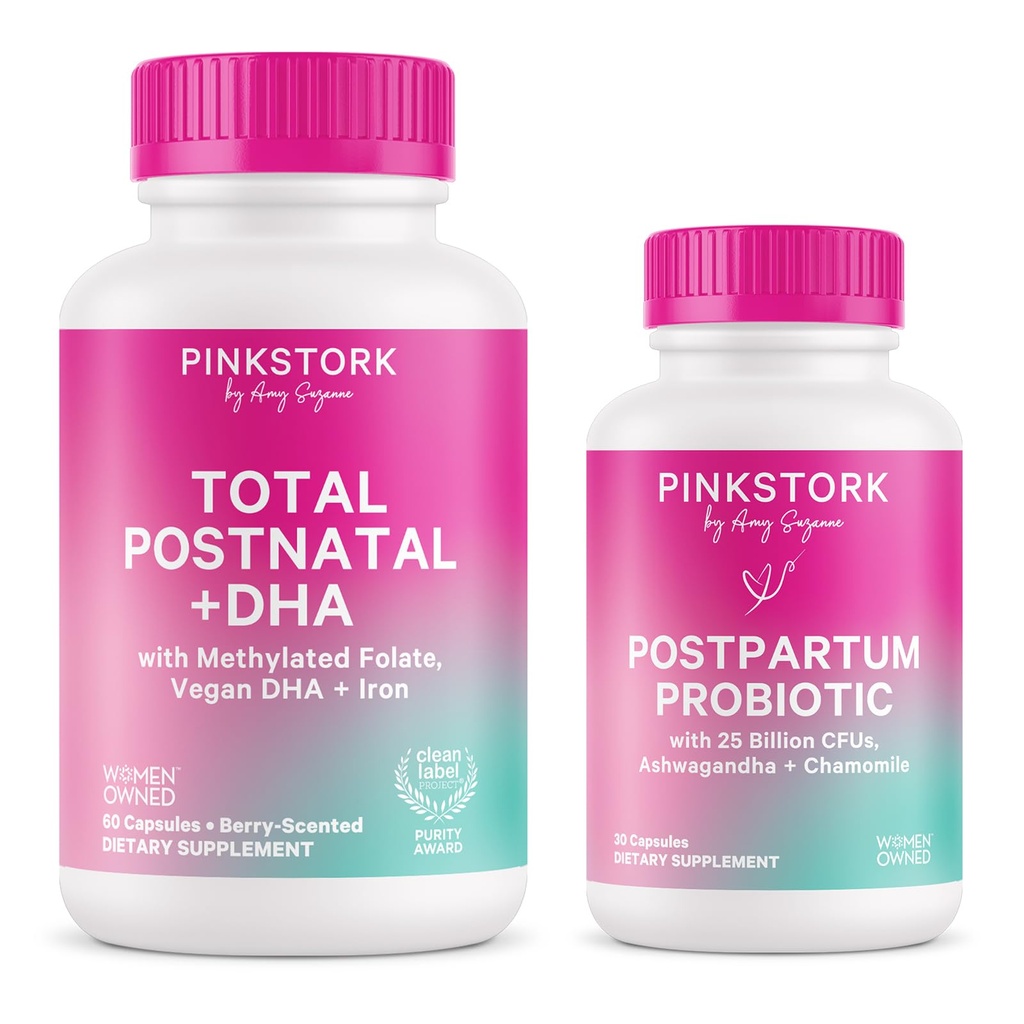 Pink Stork Postnate Multivitamin + Probiotyki z Wegan DHA, Ashwagandha, Żelazo, Folate, B12 - Wsparcie równowagi hormonalnej, Poppartum Recovery, Gut Health, & Trawienie - Opakowanie 2