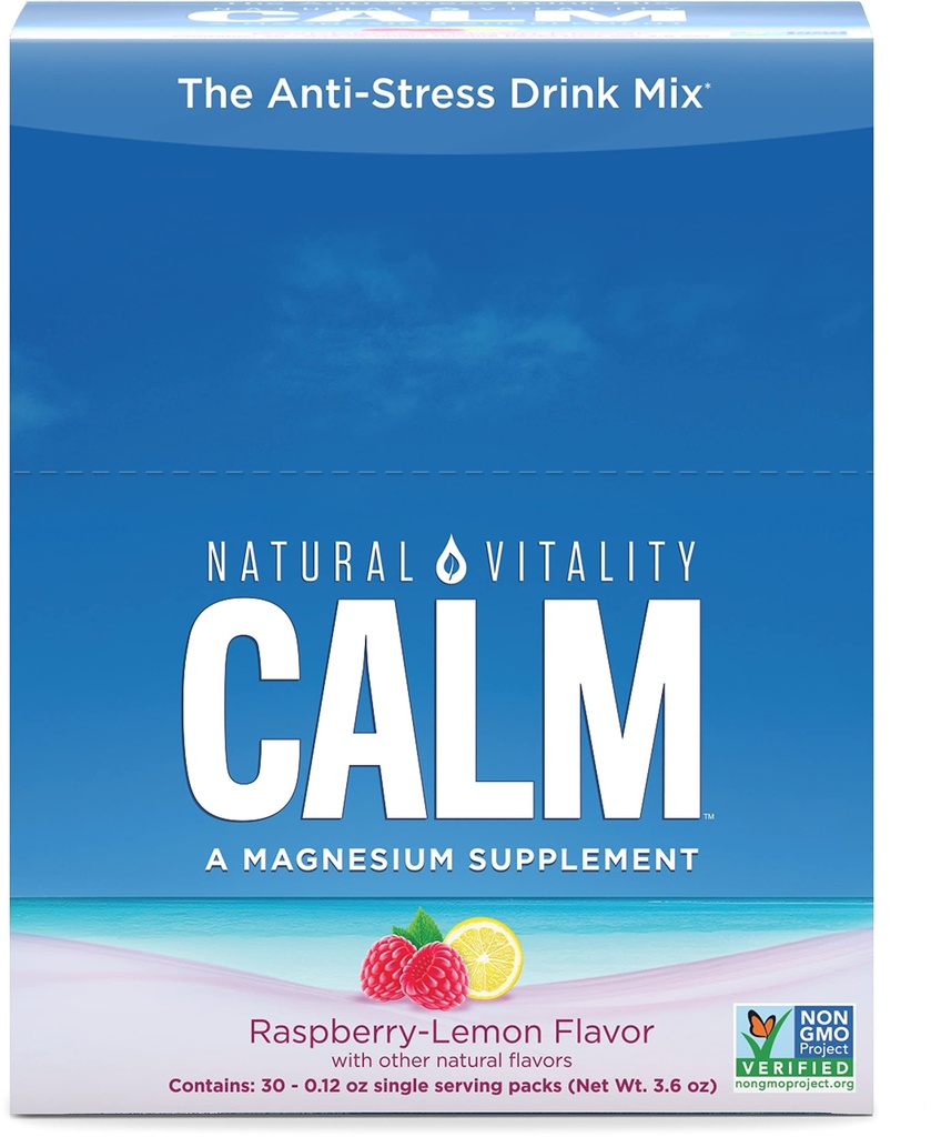 Natural Vitality Calm, Magnezu Citrate Supplement, Napoje przeciwstresowe Proszek, Gluten wolny, Wegan, & Non-GMO, Lemon malinowy, 0.12 oz, 30 Pakiety