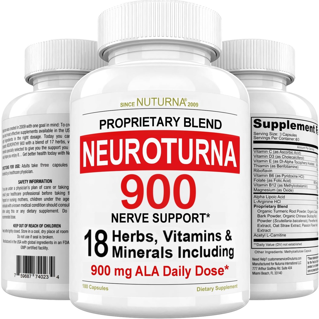 Neuropatia Support Nerve Supplement z 900 mg czystego kwasu lipoinowego Alpha - Formuła maksymalnej mocy, Fortify Nerves w palcach, Ręce, Toes, & Stopy - Najlepsze wsparcie ulgi obwodowej - 180 Kapsułki