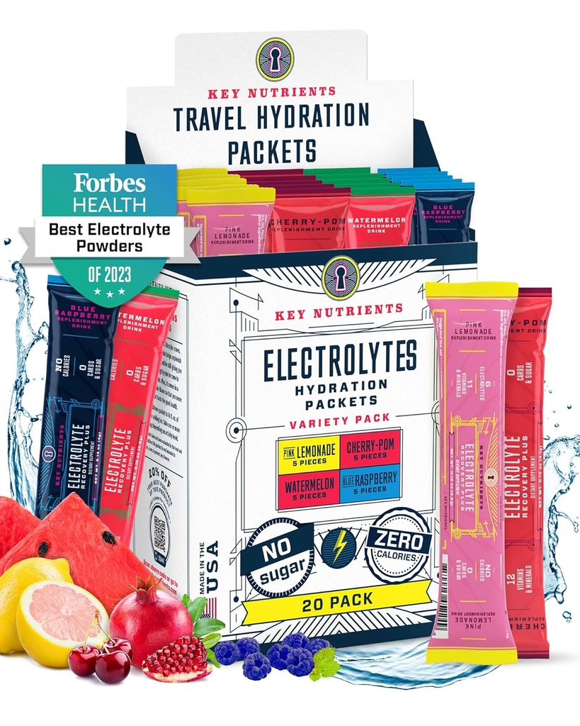 Numery KLUCZOWE Pakiety w proszku Electrolytes No Sugar - 4 Pyszne aromaty w opakowaniach nawadniających 20 Pack - No Calories, Pakiety w proszku Gluten Free Electrolytes - Keto Friendly, Nie GMO, Made in USA
