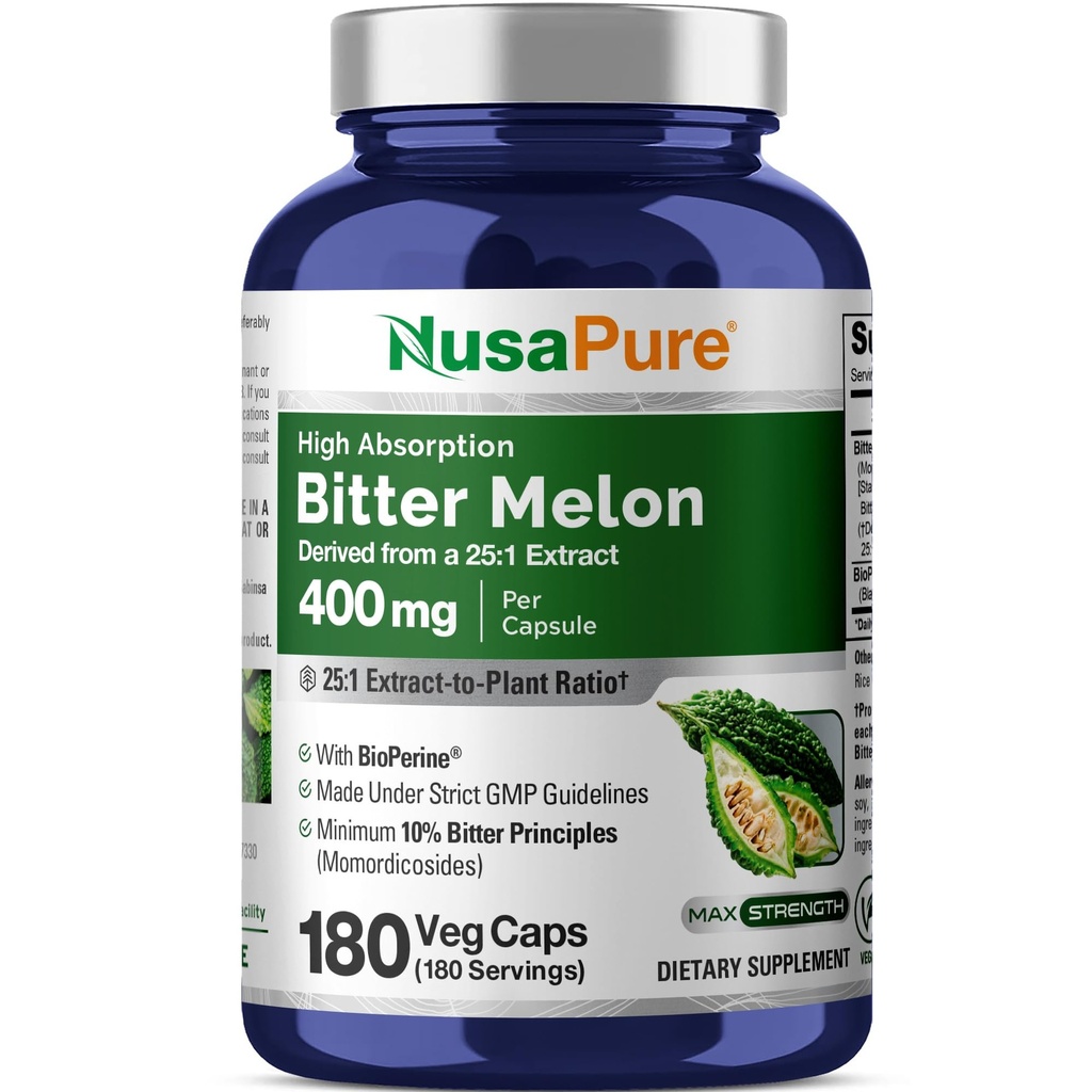 Ekstrakt NusaPure Bitter Melon 10 000 mg 180 Wegan Czapki (100% Wegetarian, Non-GMO, Gluten- Free, 10% Bitter Principles) Bioperine