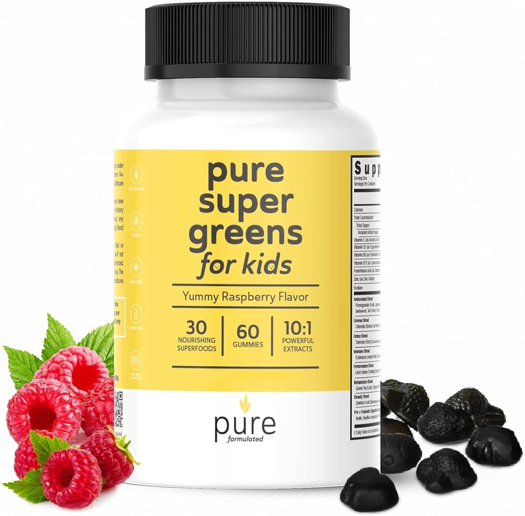 Super Greens Multivitamin Gummies for Adult & Kids Immune Support & Digestive Health - Daily Fiber Probiotic Supplement Fruit & Veggie Chewable Gummy - Raspberry Flavor - 60-Day Supply