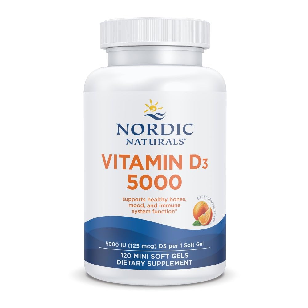 Nordic Naturals Witamina D3 5000, Pomarańczowy - 120 Mini żele miękkie - 5000 IU Witamina D3 - Wspiera zdrowe kości, nastroje i funkcje układu immunologicznego - Non-GMO - 120 Służenie