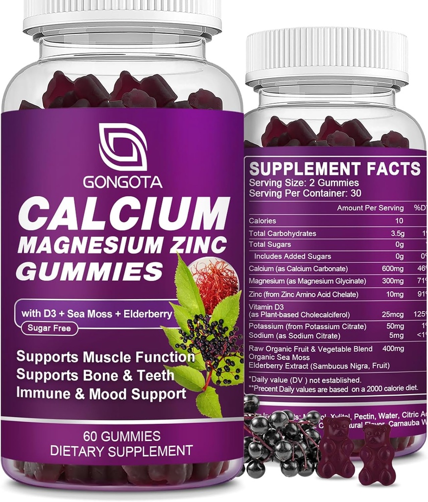 Cynk wapnia Magnezu z dodatkiem witaminy D3, Gummeje wapnia wysokochłonne z 300 mg glicynian magnezu Wsparcie kości i zębów, Mięśnie dla dorosłych i młodzieży, Bez cukru, Wegan - 60