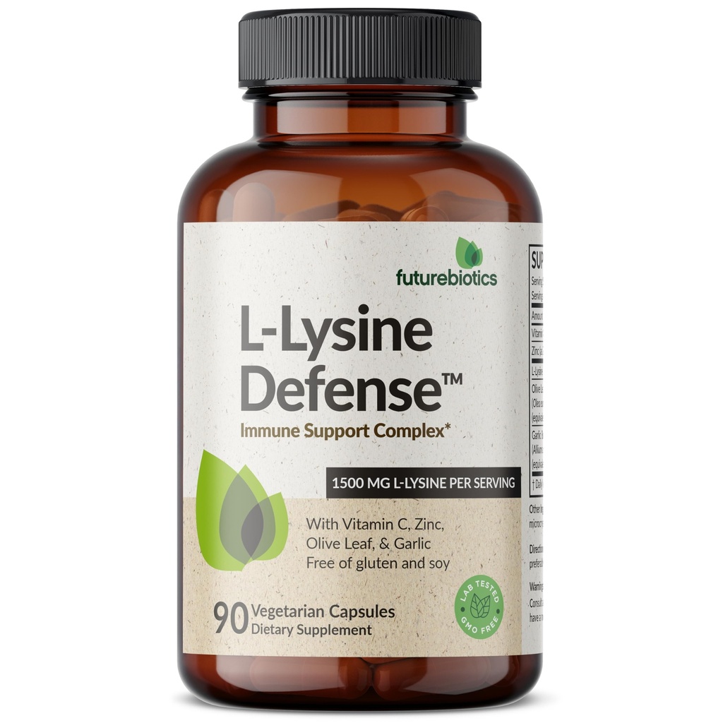 Futurebiotyki L- Lysine Defense Immune Support Complex 1500 MG Per Podawanie z witaminą C, Cynk, Liść oliwek i czosnek - Non-GMO, 90 Kapsułki wegetariańskie